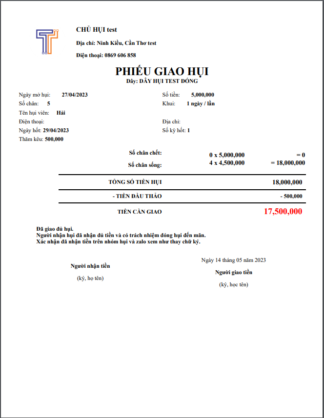 Hốt hụi và in phiếu giao hụi