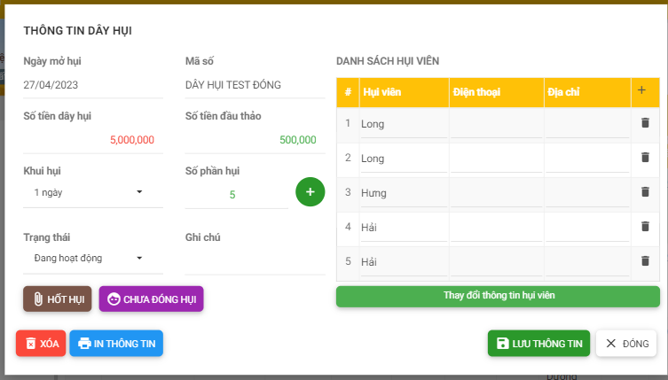 Tạo thông tin dây hụi mới